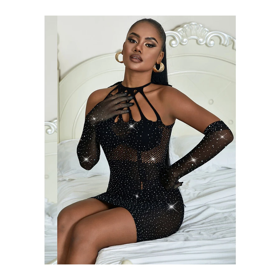 SUBBLIME - 952235 BODYSTOCKING A RETE CON STRASS E GUANTI NERI TAGLIA UNICA